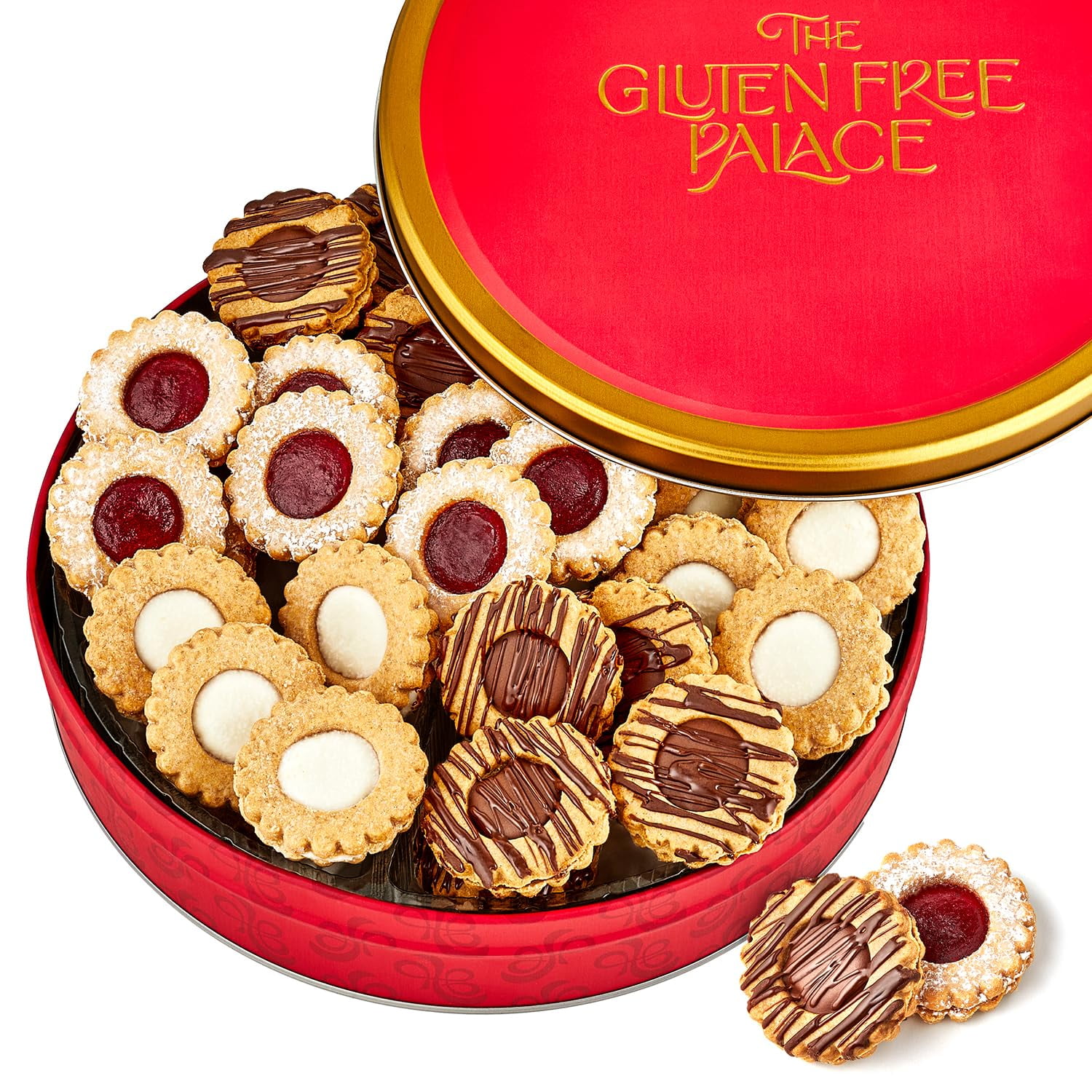 Gluten-Free Palace Linzer Tart Cookie Gift Basket – Gluten-Free Assorted Shortbread Cookies Raspberry Lemon Chocolate 21 Count Red Tin