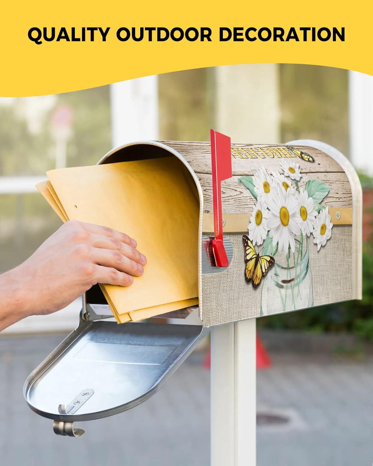 Mailbox Cover, Daisy and Butterfly Wooden Board Cotton Linen Texture Mailbox Wrap Magnetic Mailbox Covers for Garden Yard Outdoor Decoration,Farmhouse Mailbox Post Box Cover Wraps Large Size 21"x25.5"