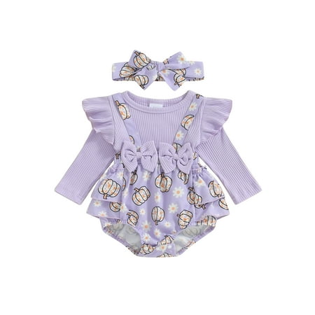 

Bmnmsl Baby Girl Halloween Outfit Long Sleeve Pumpkin Flower Romper Hairband