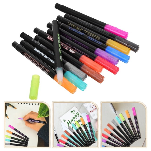 OULII 12pcs Multicolored Highlighters Assorted Color Plastic Silver Outlines Art Drawing Supplies Back to School