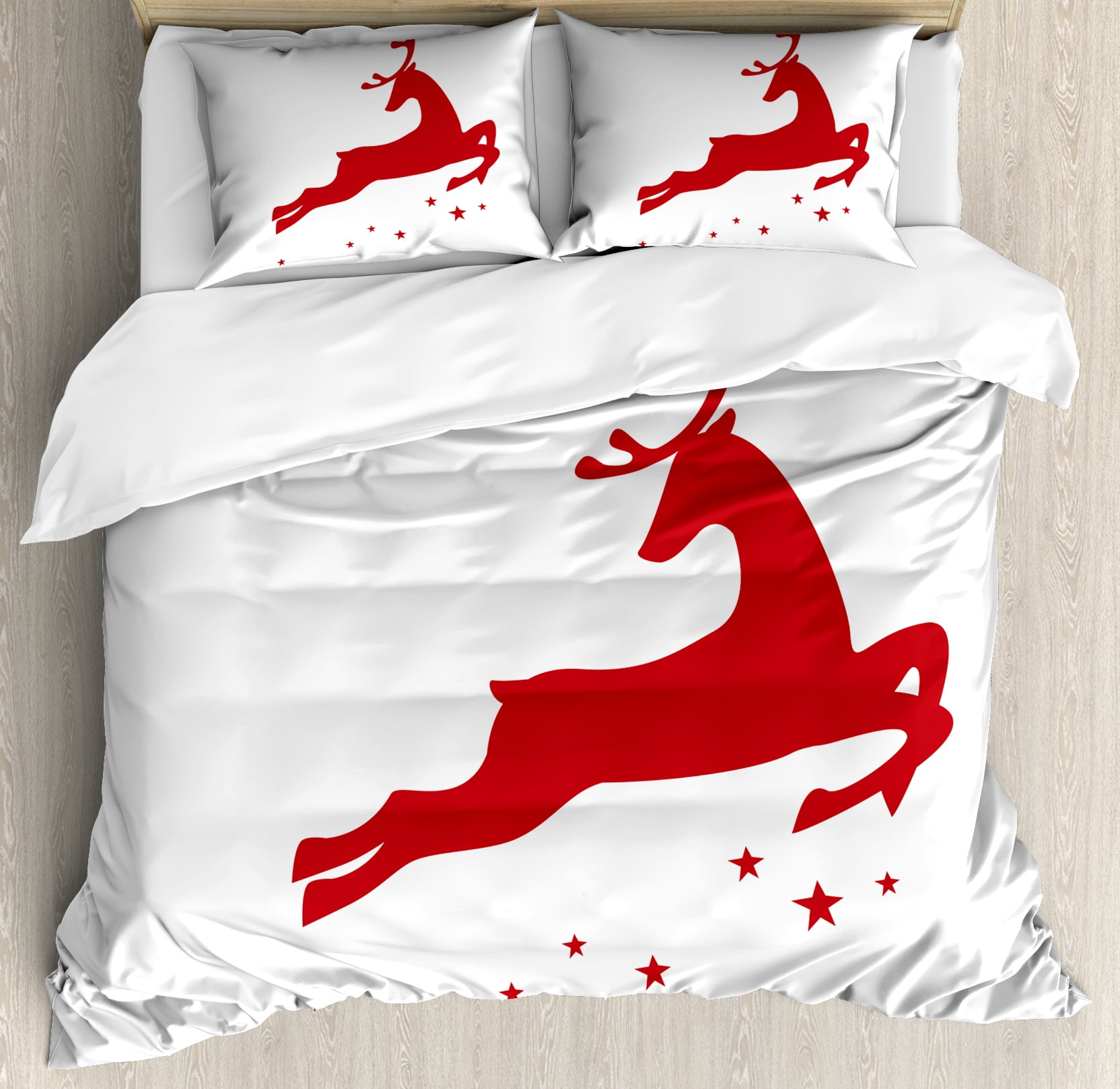 Red Duvet Cover Set Jumping Reindeer Leaving A Starry Trace Behind Popular Character Silhouette Decorative Bedding With Pillow Shams
