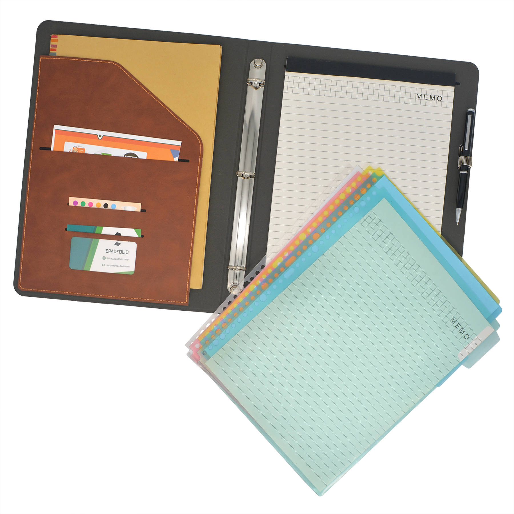 3 Ring Binder Padfolio Clipboard Case with Color File Folders, PU Leather Padfolio Ring Binder with Clipboard