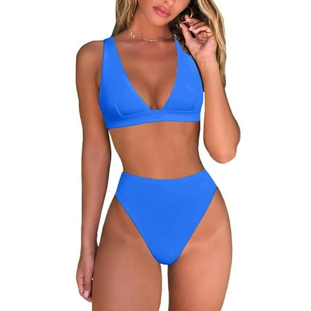 Rovga Women Swimsuits Ladies High Waisted Thong Bikini Sets Sexy Brazilian Triangle Top Deep V Neck Two Piece Swimsuit Bathing Suits Blue M