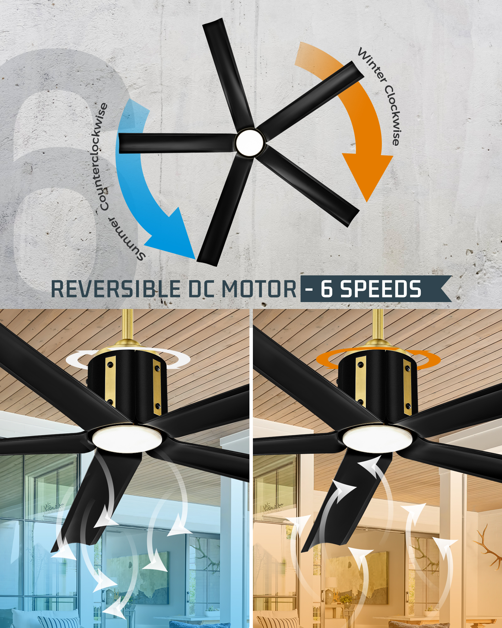 Ltmate 60 Inch Ceiling Fans with Lights and Remote, Black and Gold Ceiling Fans with Alexa Google Voice Control, 3 Color Temperatures and Quiet Reversible DC Motor