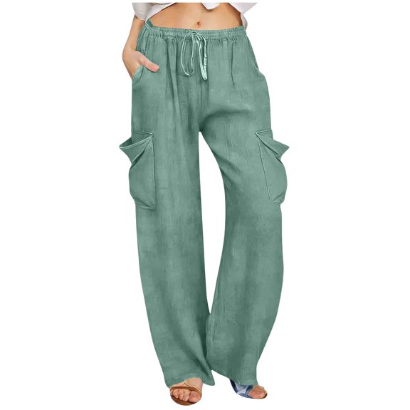 HADST Women's Lightweight Cargo Pants with Drawstring Waist Loose Fit Wide Leg Beach Trousers with Side Pockets for Vacation