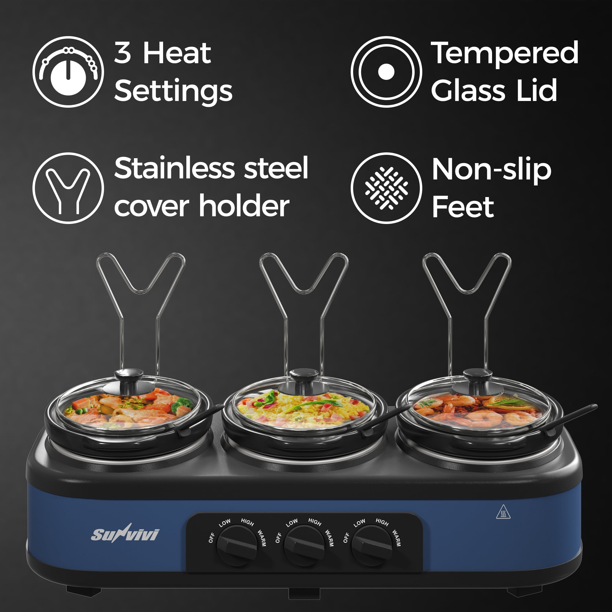 Sunvivi Triple Slow Cooker Buffet Server with Removable Ceramic Pots, 3 x 1.5 Qt, Blue
