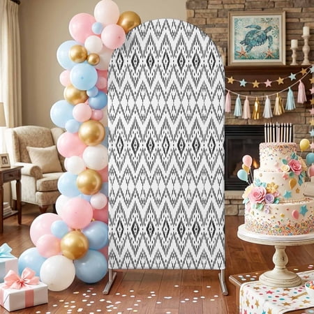 Grey Diamond Motif Arch Backdrop Covers 4 FT Tribal Modern Geometric Lines Plaid Checkered Stretchy Fitted Arched Stand Covers Party Arch Stand Cover Photo Booth for Wedding Birthday Decor
