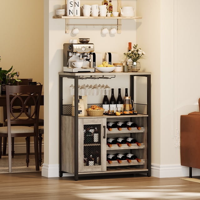 3-Tier Wine Bar Cabinet with LED Lights – Adjustable & Removable Wine Rack, Mesh Door, Glass Holder, Spacious Storage – Multipurpose Liquor & Coffee Sideboard for Home– Gray with Light