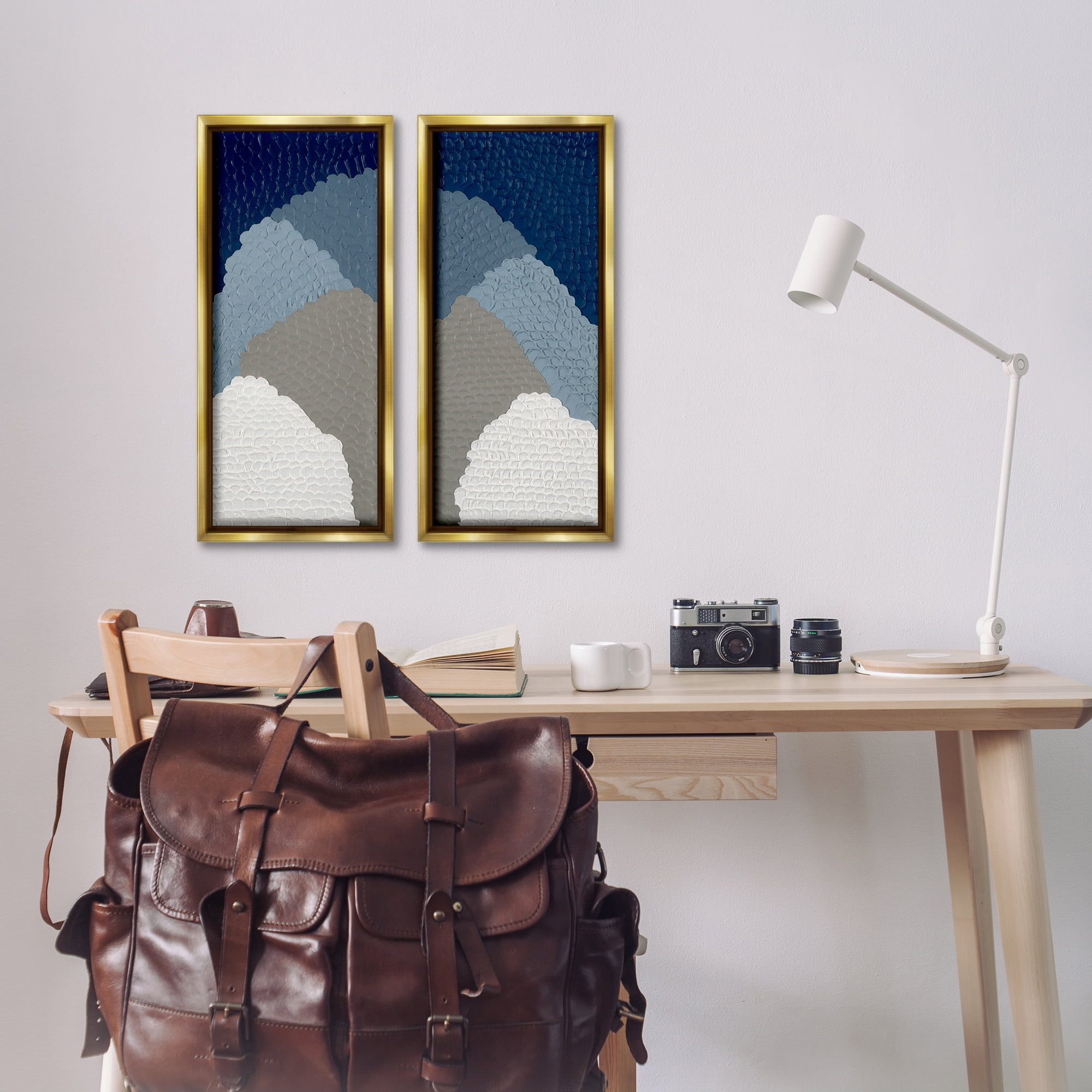 Stupell Industries Textured Blue Abstract Mountains Abstract Painting Gold Floater Framed Canvas Art Print Wall Art, 11 x 25, Set of 2