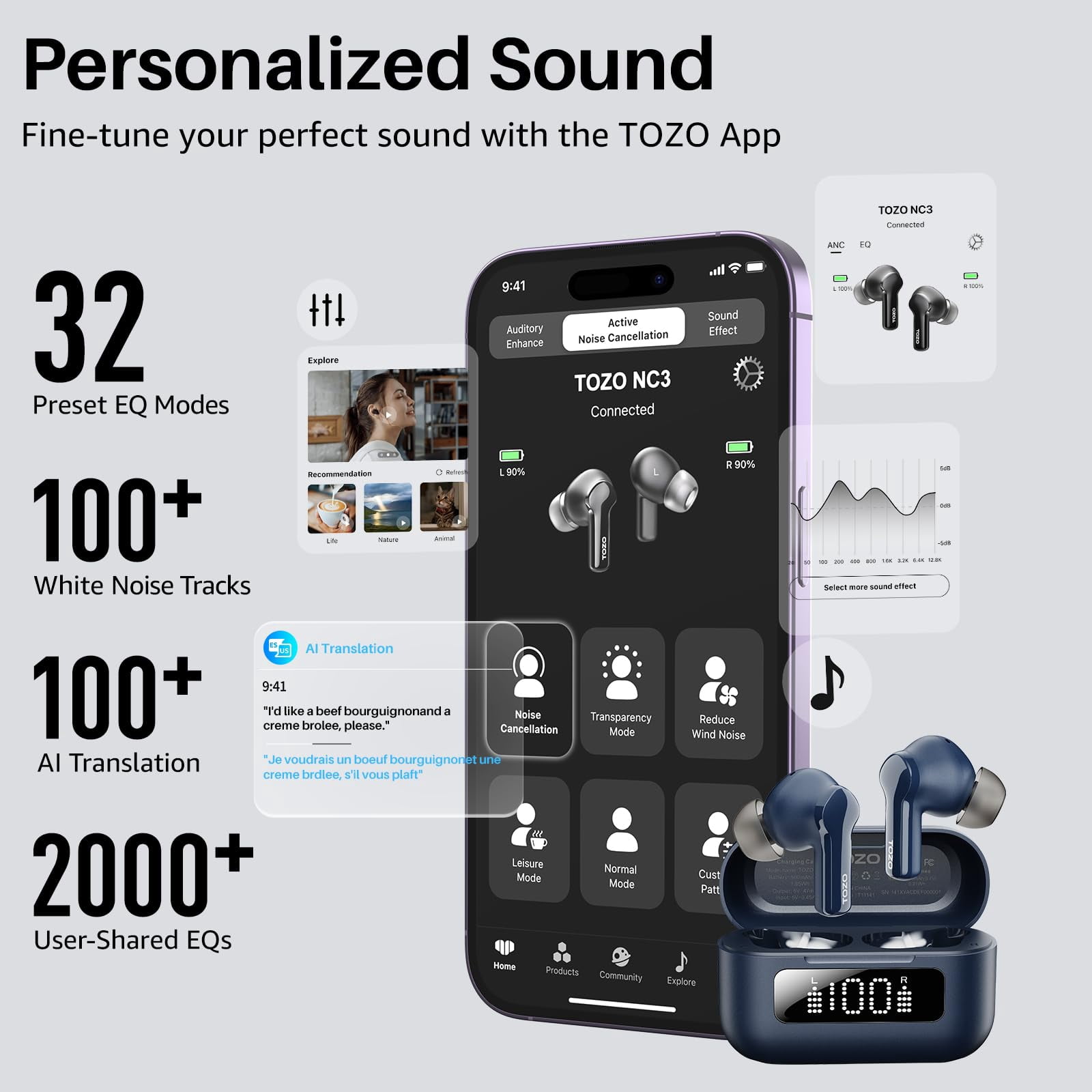 TOZO AI Translation Noise Cancelling Earbuds Wireless, Bluetooth Headphones, 68H Play, 6-Mic ENC Clear Calls, Stereo Bass with APP-32EQ, LED Power Display, IPX8 Waterproof, Fast Pairing & Low Latency
