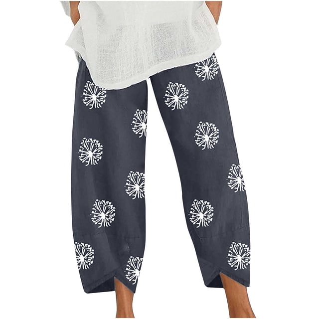 VEKDONE Womens Cotton Linen Pants Print Long Pants Blue L
