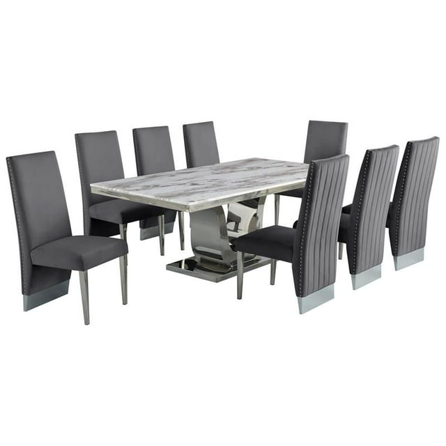 Silver Stainless Steel 9 Piece Dining Set with Marble Table and Gray Chairs