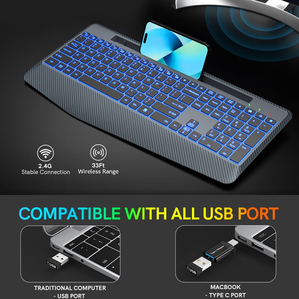 Wireless Keyboard with 7 Colored Backlits, Wrist Rest-Gray-Wagpak