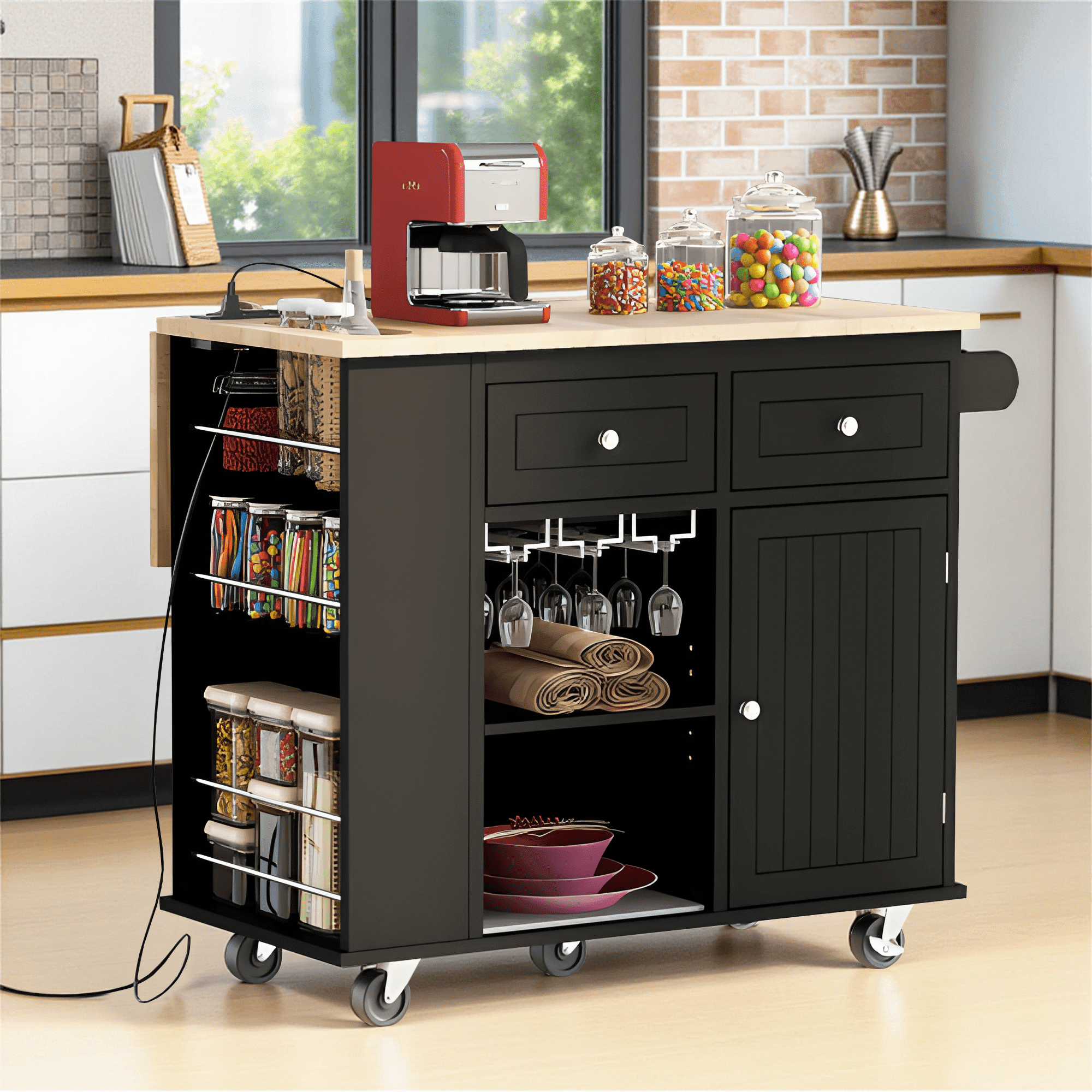 MAYEERTY Rolling Kitchen Island with Power Outlet, Towel Rack, Drop Leaf & Rubber Wood, Black