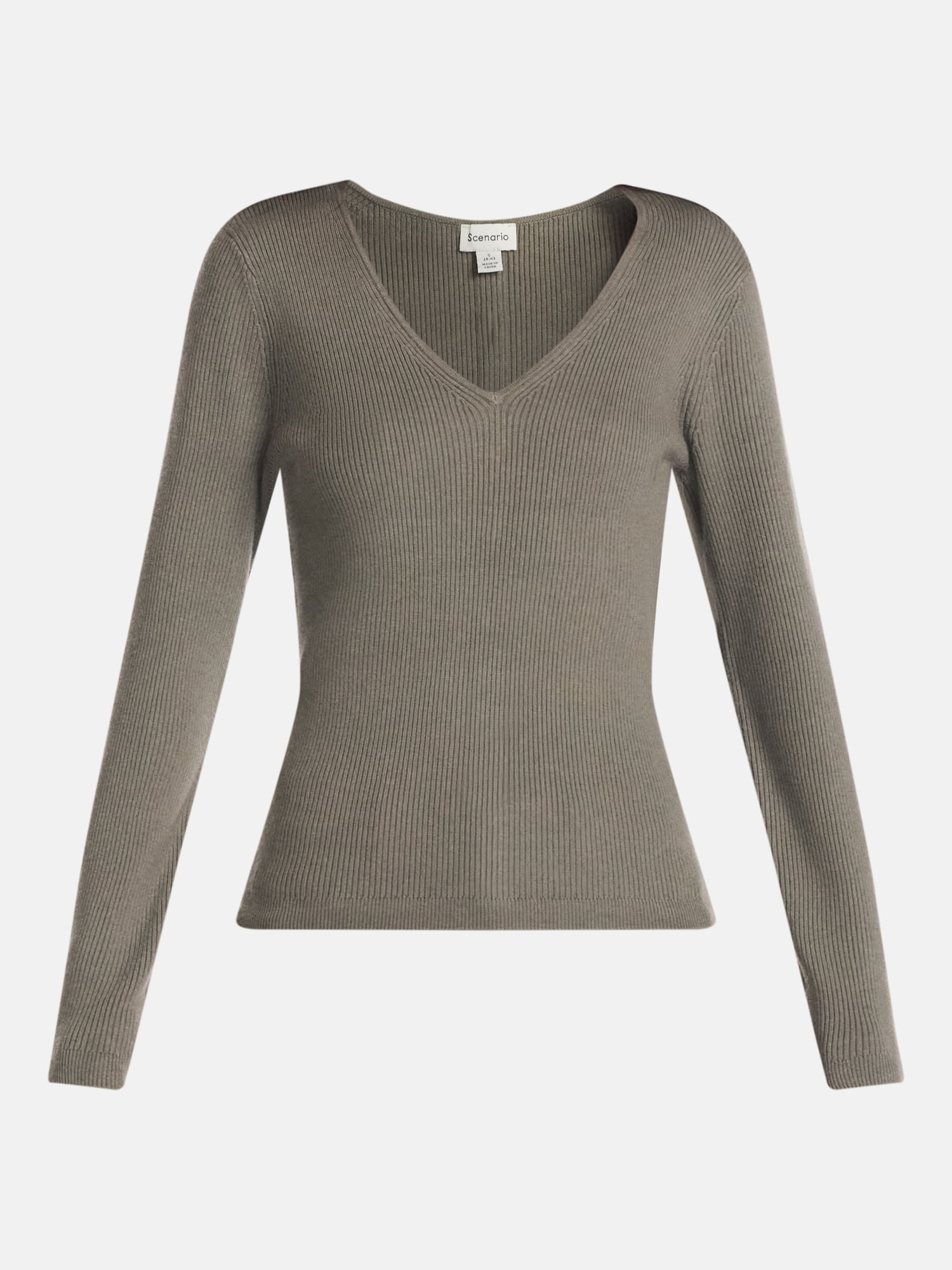 Scenario Women's V-Neck Ribbed Lightweight Sweater with Long Sleeves, Sizes XS-XXXL