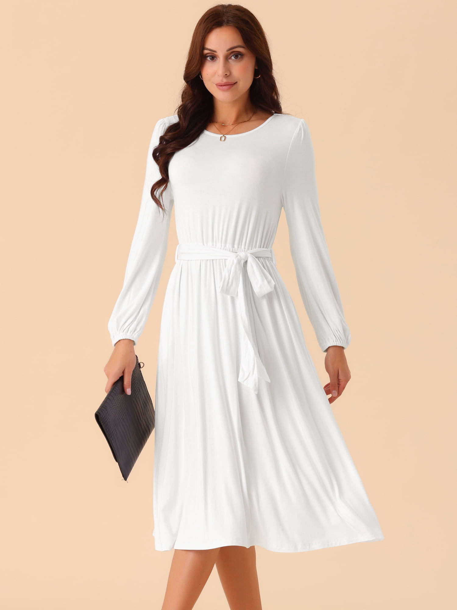 DARING DIVA Long Sleeve High Waist Flowy Midi Dress L White