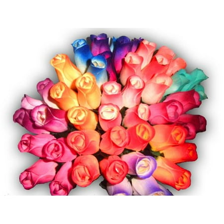 2 Dozen 24 Mixed Color Bouquet of Wooden Rose Buds Artificial