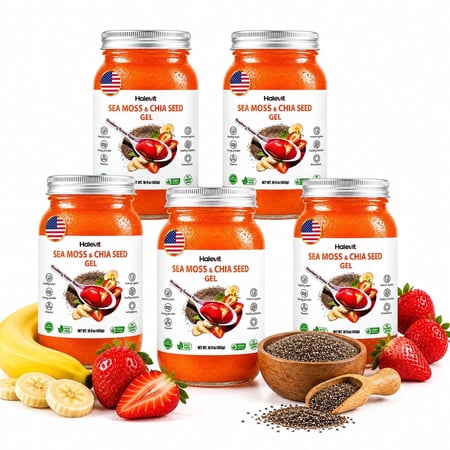 Halevit Wildcrafted Irish Sea Moss Gel | Sea Moss, Chia Seeds, Strawberry, Banana | 80 Oz| Made in USA | 5-Pack