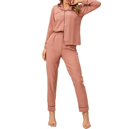 

Womens Pajama Sets Button Front Lapel Sleepwear Dusty Pink L