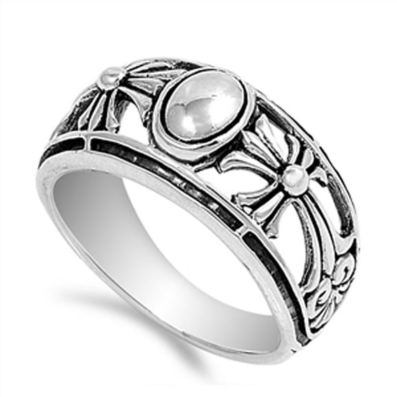 Oval Filigree Cross Floral Bead Wide Ring .925 Sterling Silver Band Jewelry Female Male Size 5
