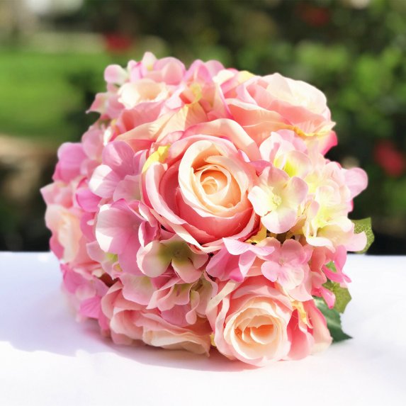 Enova Home Artificial Rose and Hydrangea Silk Flowers Bouquets Set of 2 (Pink)