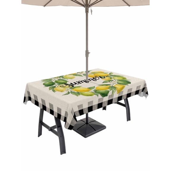 Outdoor Tablecloth with Umbrella Hole for Patio/Picnic/Party/Camping, Watercolor Lemon Waterproof Table Cloth Rectangle Table Cover Washable, Summer Fruits Wreath Leaves Beige Black Plaid (60"x 84")