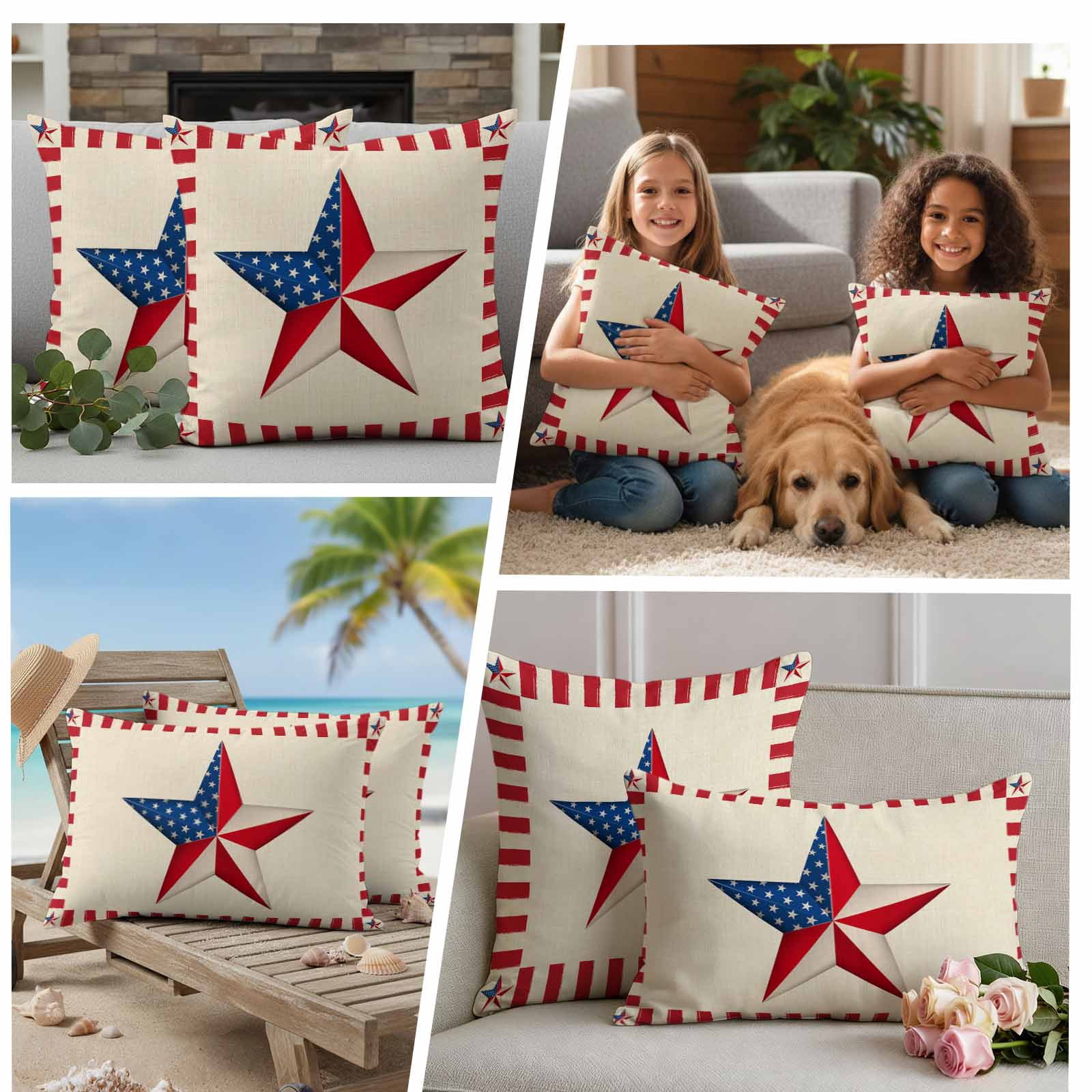Independence Day Pillow Covers 2 Pack Farmhouse American Flag Pentagram Pillowcase Waterproof Outdoor Throw Pillow Cover for Patio Garden Square Cushion 24”x24”