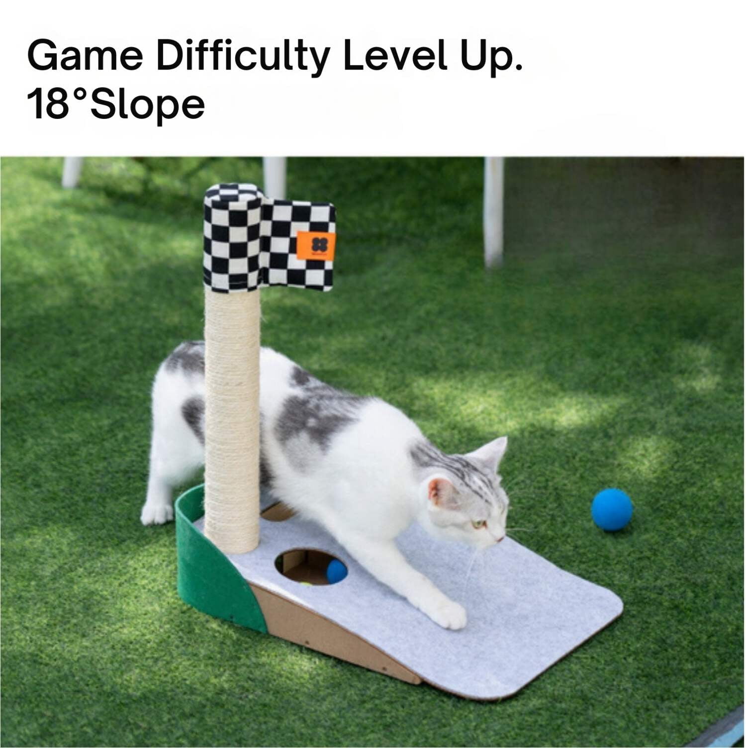 Elassy Golf Themed Putting Green Cat Tree with Scratching Post, 18 Degree Slope, 3 Colorful Balls  Hole in ONE Game, Fun Golf Gifts