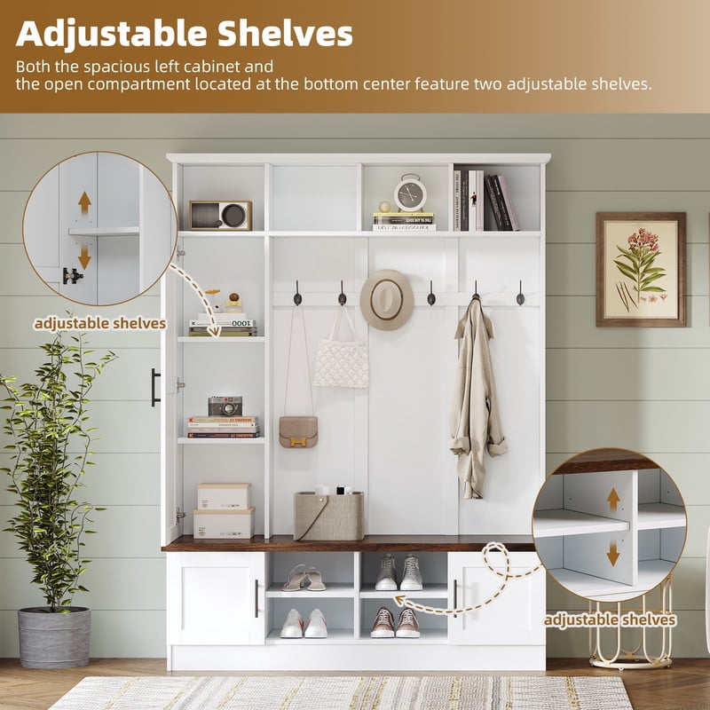 Farmhouse 3-in-1 Hall Tree with 6 Hooks, Versatile Storage Bench with Cabinets and Open Compartments, Entryway Coat Rack
