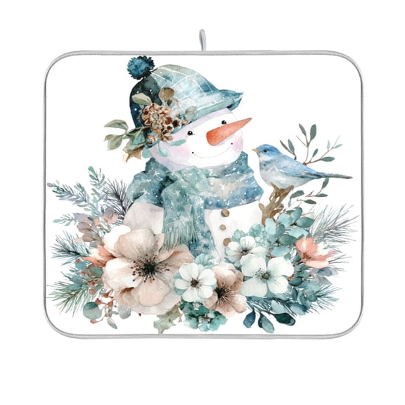 Dish Drying Mat Microfiber Kitchen Pad Large Counter Absorbent Dish Mats Drainer Rack 16"x18" Snowman with Flowers Bird