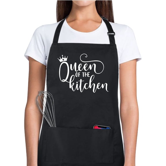 100% Cotton Funny Aprons For Women Queen Of The Kitchen With 2 Pockets Chef Cooking Baking Adjustable Bib Apron Gifts From Daughter Son Husband For Mom Grandma Wife Mother's Day