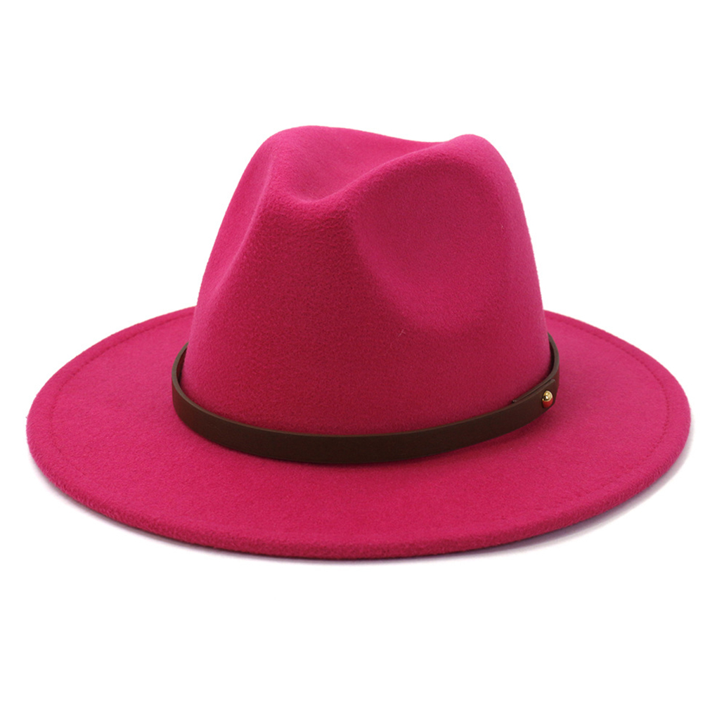 Hats with Belt Buckle Large Autumn Winter Dress Elegant Wide Brim Caps  Warm-keeping Wool Men Cowboy Outdoor Wedding Church Rose Red 58cm 