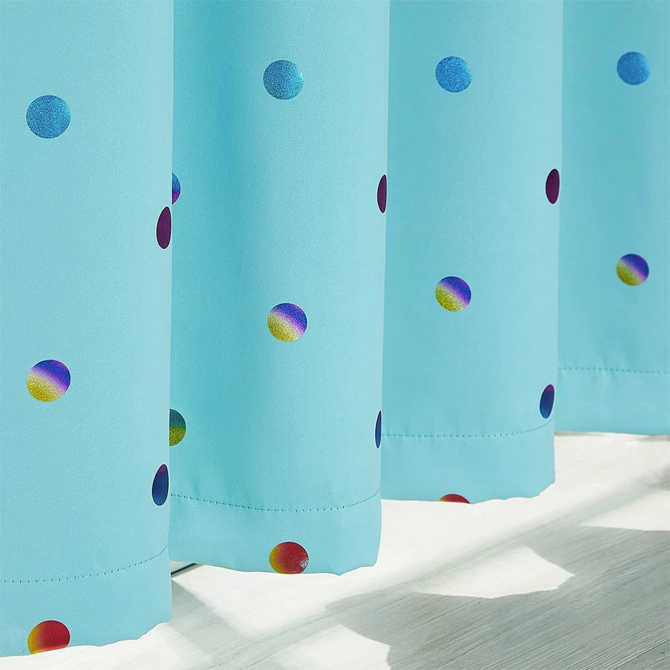 Bazaahm Blue 100% Blackout Curtain Panels for Kids Juvenile Bedroom Living Room 95"L x 52"W Colorful Metallic Polka Dots Printed Room Darkening Draperies, Grommet Top 2pcs