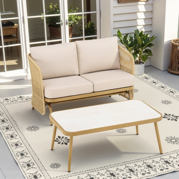 PPorfamilia 2-Person PE Rattan Glider Loveseat with Coffee Table, Outdoor Patio Sofa Seating with Natural Wicker and Beige Cushions