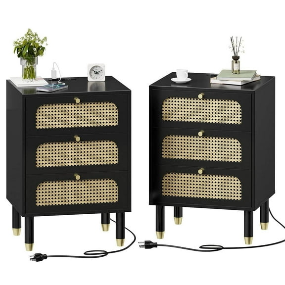 YSNW Rattan Nightstand Set of 2 with Charging Station, 27" Tall Black Nightstand with 3 Drawers for Bedroom, Boho Mid Century Modern Bed Side Table/End Table (Black, 2 Pack)