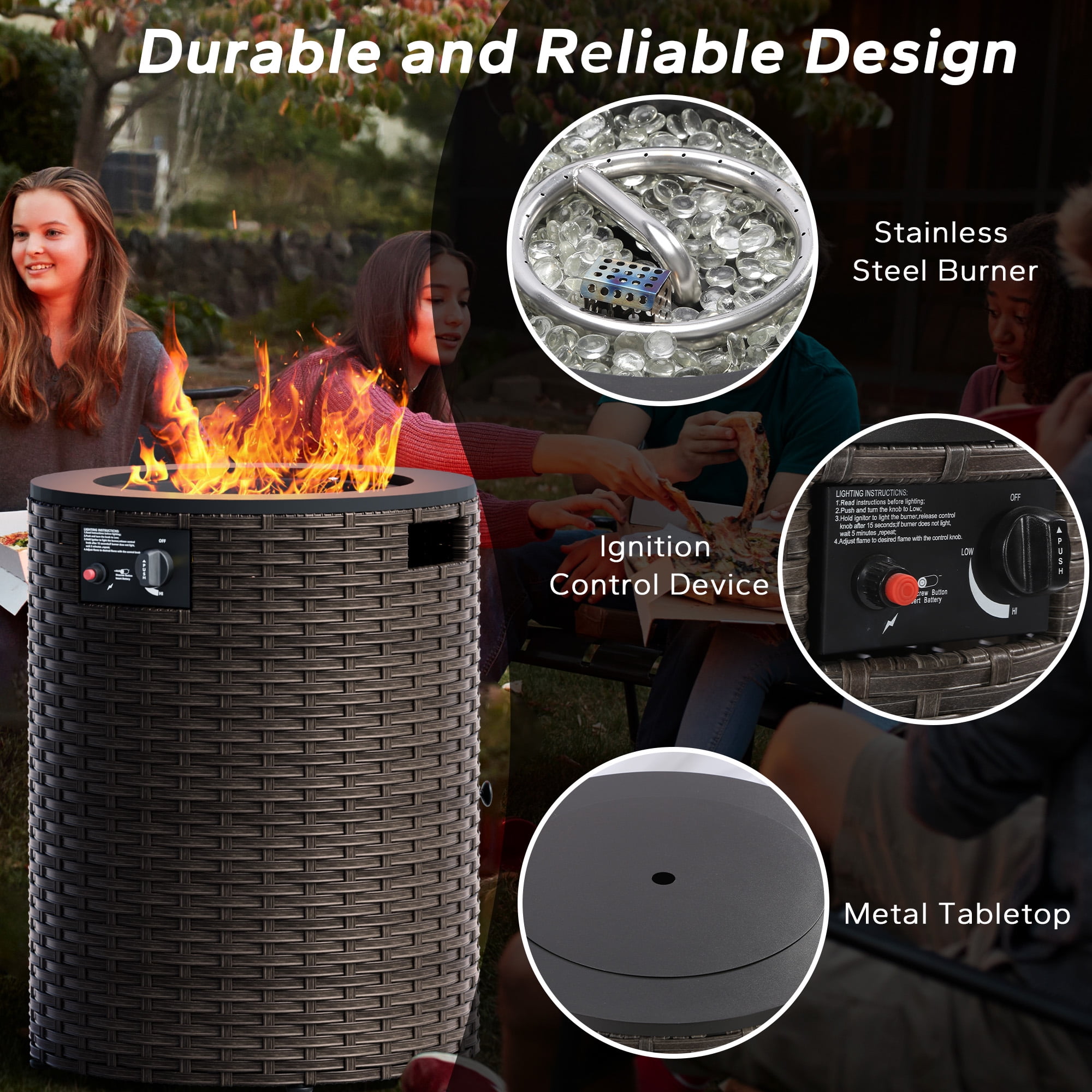 MeetLeisure 18" Gas Fire Pit Table, 50000 BTU Outdoor Rattan & Wicker Propane Fire Pit Table, with Round Black Steel Tabletop,Black&Brown