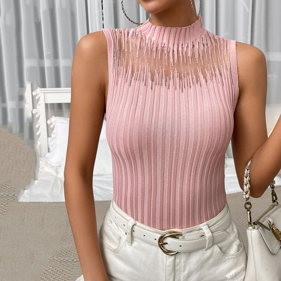 Qulqfy Women Tank Tops Solid Camisole Crew Neck Sexy Standard Straps Pink Slim Women's Tops