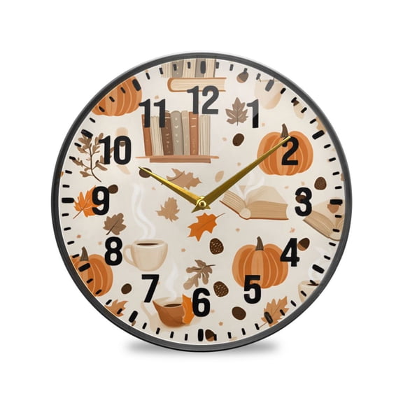 Yayeee Wall Clock Battery Operated 9.5" Silent Quartz Non-Ticking for Living Room Decor, Orange Fall Pumpkin
