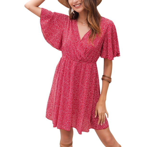 Sunloudy Vestido casual de manga corta para mujer, a la moda, estampado de puntos, cuello en V, cintura alta, vestido de gasa Sunloudy S M L XL