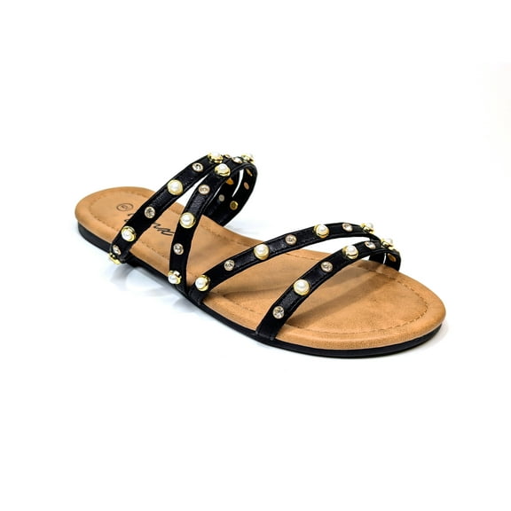 Iynx Women's Black Multistrap Rhinestone and Pearl Slide Size 6 - 11