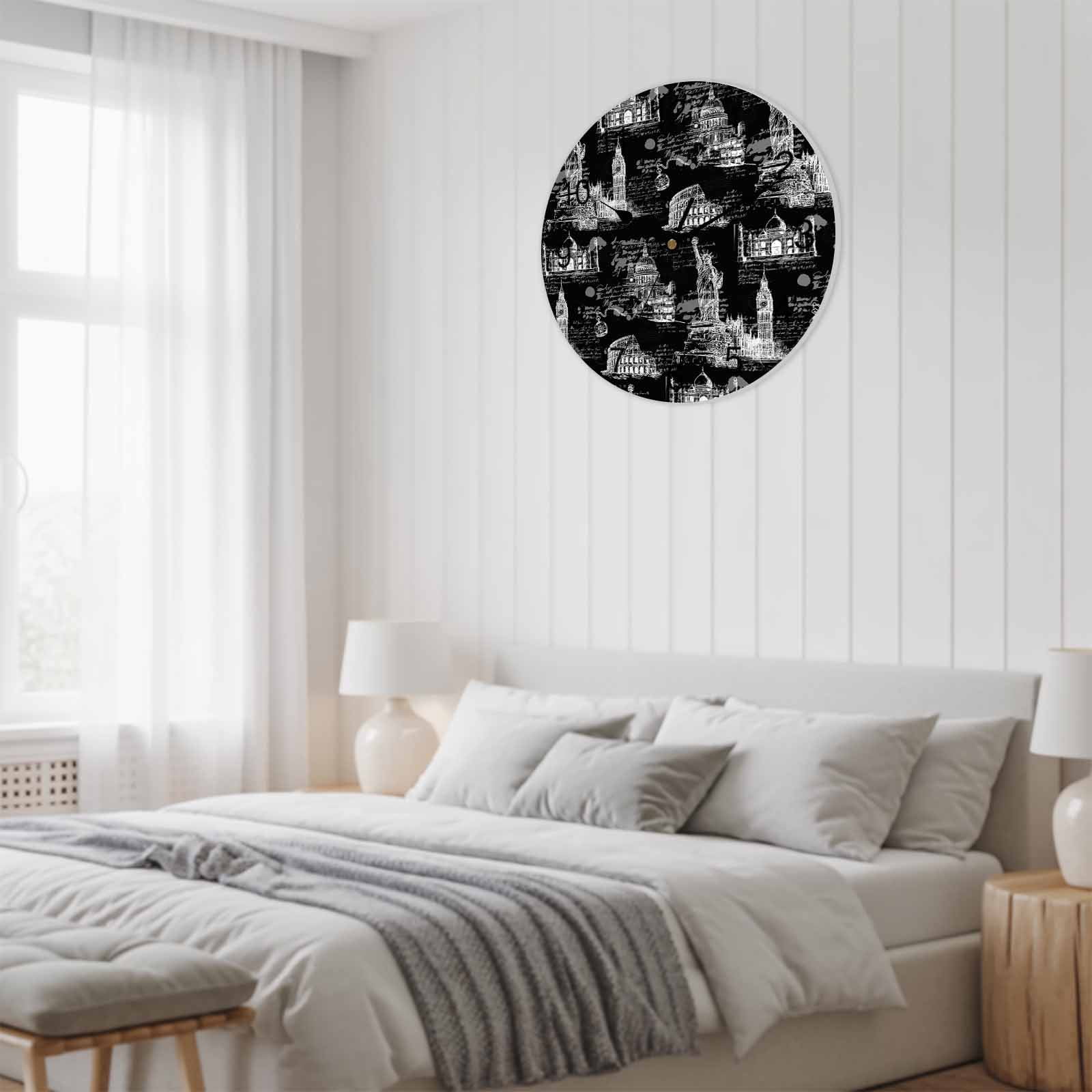 Wall Clock Architecture Landscape Clocks PVC Silent Non-Ticking Battery Operated Decorative Black Scenic Spots Round Clock for Home Living Room Kitchen Bedroom Office School Wall Decor 10 Inch