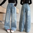 thumbnail image 2 of BOOMNY Girls Baggy Jeans Wide Leg Jeans for Girl Trendy Floral Embroidery Elastic Waist Denim Pants With Pocket, 2 of 9