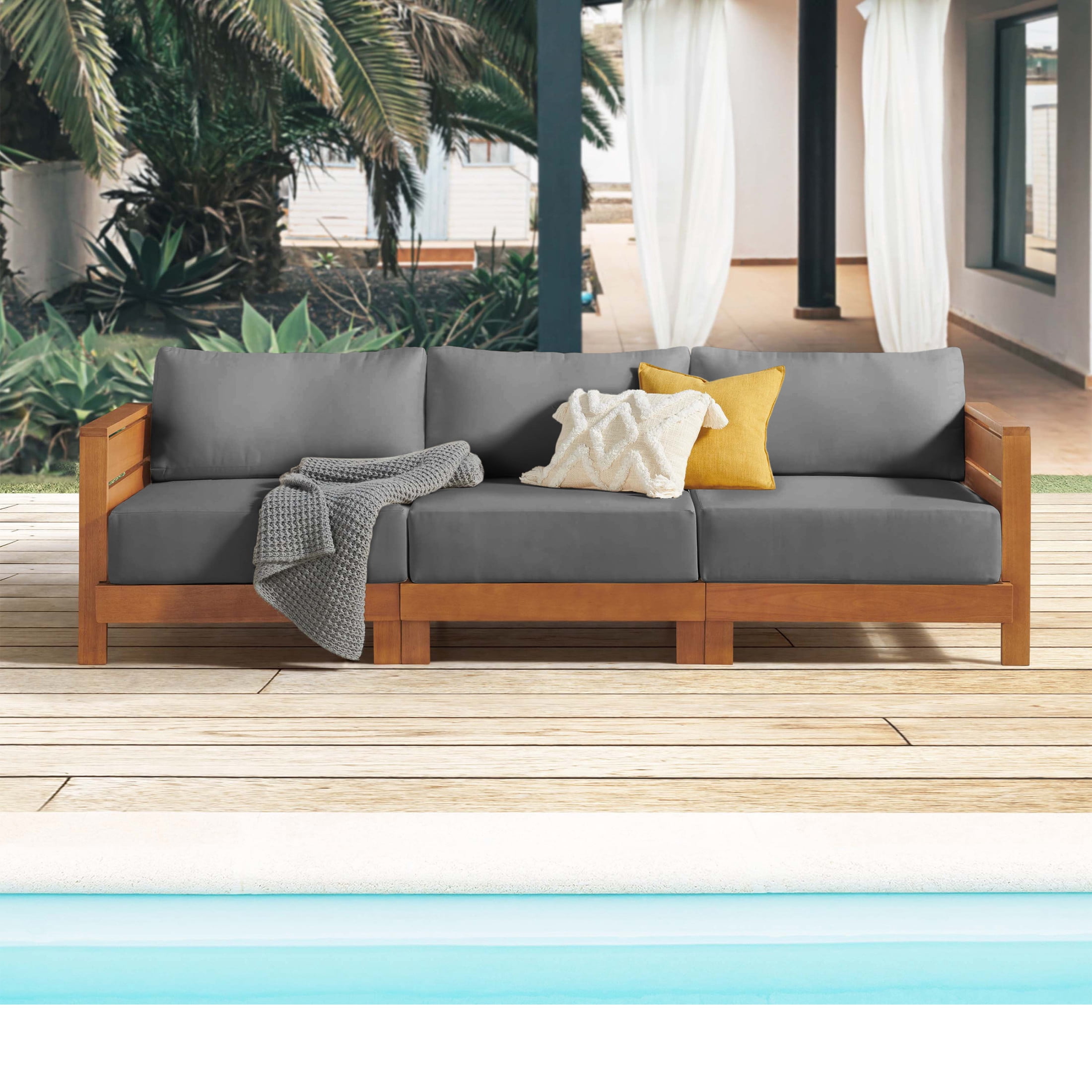 Alaterre Furniture Barton 3-Seat Patio Sofa - Eucalyptus Wood Outdoor Couch (Natural)
