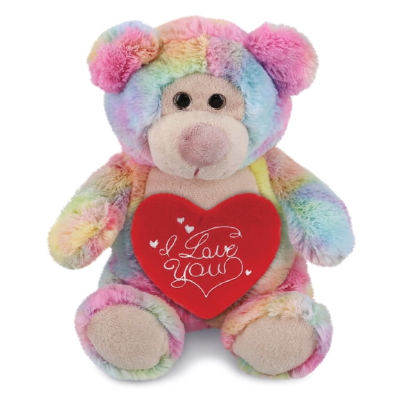 DolliBu I Love You Plush Super Soft Rainbow Bear - Cute Stuffed Animal Bear with Red Heart Plush for Valentines, Anniversary, Romantic Date, Boyfriend, or Girlfriend Gift - 9 Inches