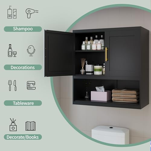 Metal Bathroom Wall Cabinet, 23.6" H Black Bathroom Cabinet Wall Mount with Adjustable Shelf, Over The Toilet Storage Cabinet Medicine Cabinets for Bathroom, Kitchen