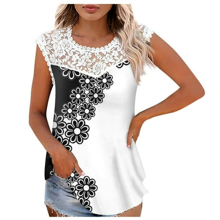 

White Blouse for Women Tops for Women Casual Spring Womens Print Lace Sleeveless Tops Round Neck Splicing Tank Tops Slim Comfortable Lightweight T-Shirt Tops for Women Casual Spring White XXL