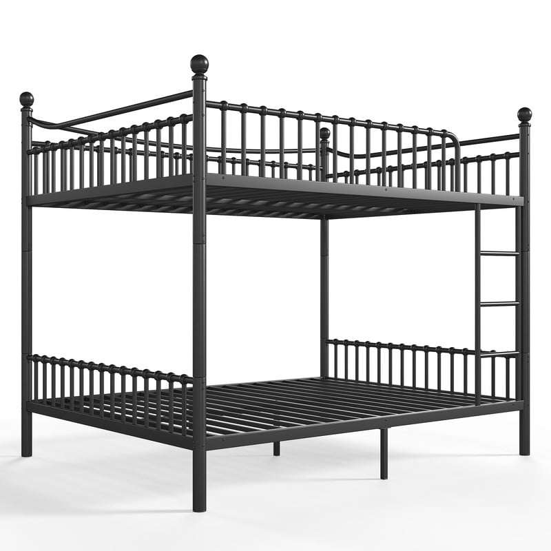 Queen over Queen Metal Bunk Bed with Curved Guardrail, Round Tube Bedpost Detachable Bed Frame for Kids, Teens & Adults