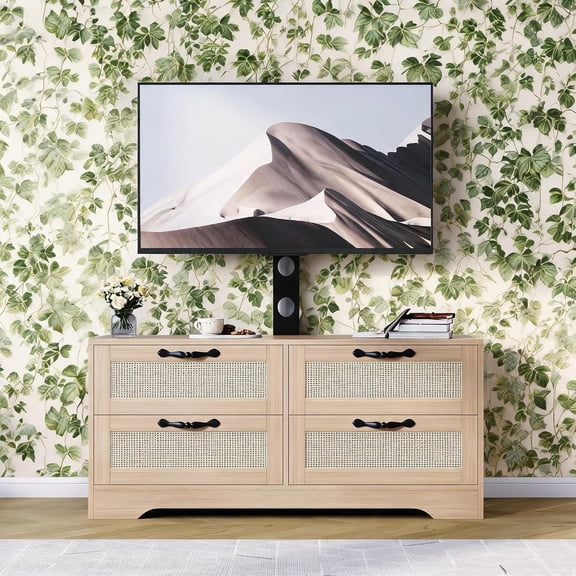 TV Stand with Mount for 70 Inch TV, Farmhouse Media Console with 4 Drawers and Rattan Doors, Wooden Storage Cabinet for Living Room or Bedroom,Natural