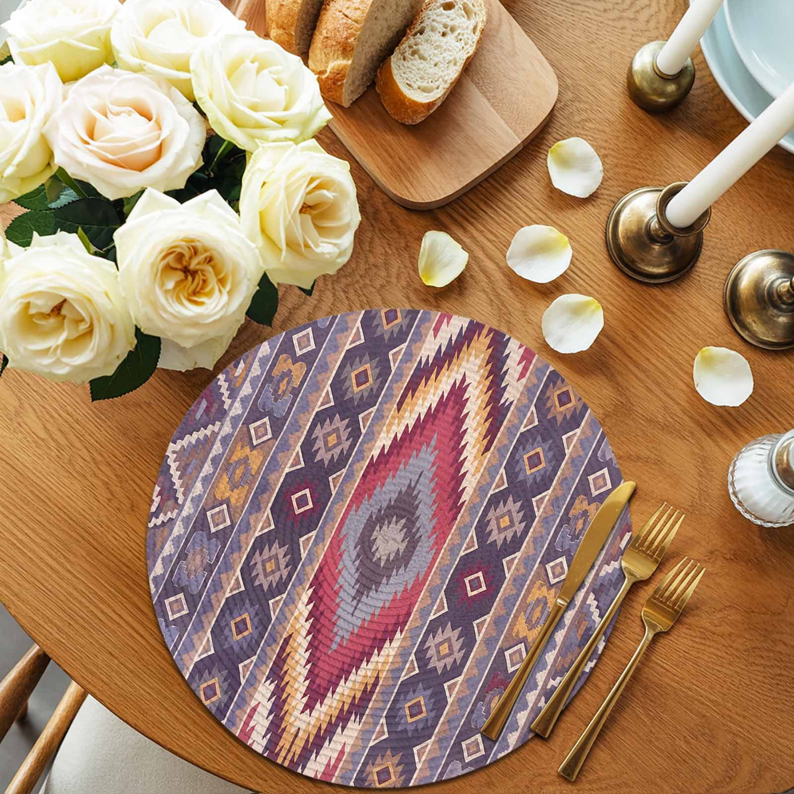 Southwest Aztec Round 13 Inch Placemats Set of 4, Country Retro Ethnic Geometric Motifs HeatResistant Non Slip Place Mats for Dining Table, Wipeable Braided Kitchen Table Mats for Housewarming