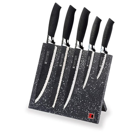 Imperial Collection Stainless Steel Knife Set with Magnetic Knife Block Featuring Embossed Blades with Non-Stick Coating, Ergonomic Soft Grip (6-Piece Set of Knives, Black Handles)